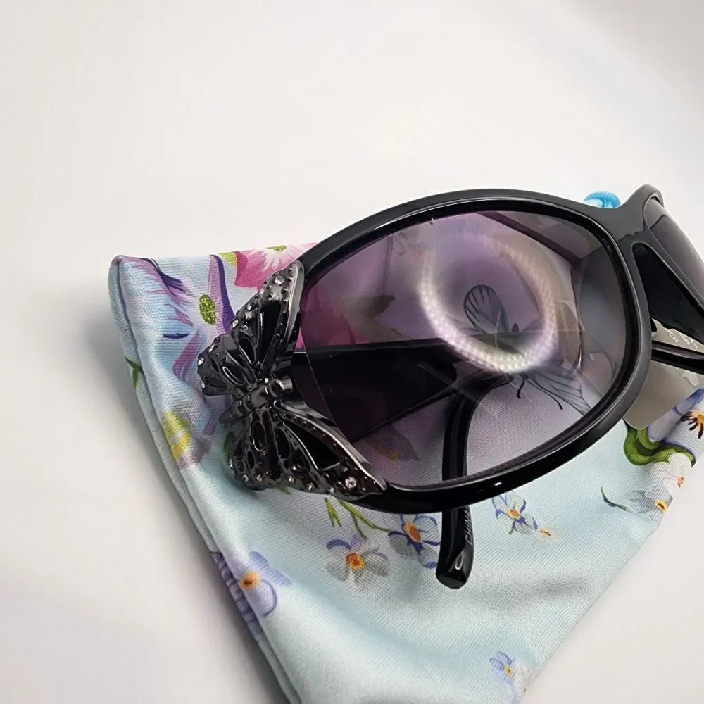 NWT Falls Creek Black Butterfly Sunglasses & Blue Floral Pouch